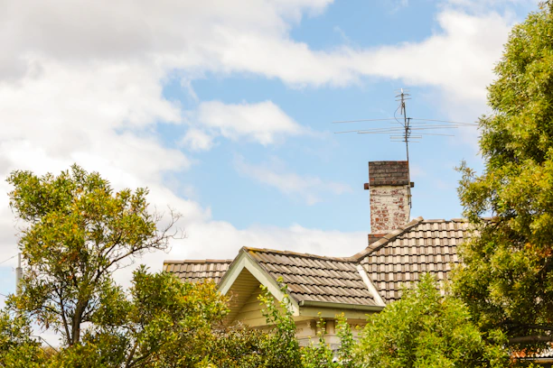 A house roof with worn-out tiles and a brick chimney is surrounded by lush green trees under a partly cloudy sky. An old television antenna is mounted on the chimney.