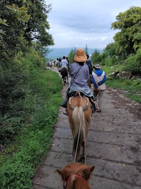 A group of people riding horses on a narrow pathway surrounded by lush greenery and trees, with a cloudy sky overhead. The scene has a serene and peaceful atmosphere, and the riders are casually dressed, suggesting a leisure activity.
