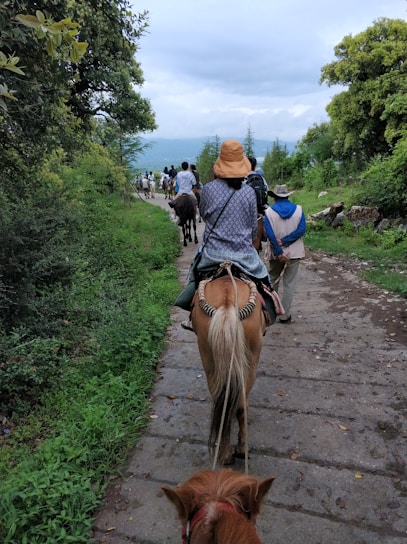 A group of people riding horses on a narrow pathway surrounded by lush greenery and trees, with a cloudy sky overhead. The scene has a serene and peaceful atmosphere, and the riders are casually dressed, suggesting a leisure activity.