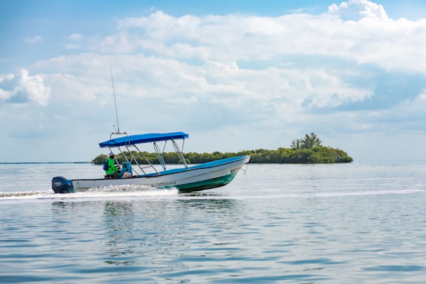 person riding on white and blue boat on body of water during daytime