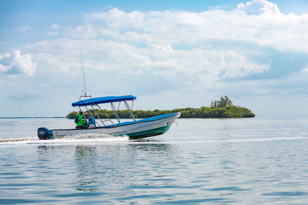 Persona que viaja en un bote blanco y azul en el cuerpo de agua durante el día