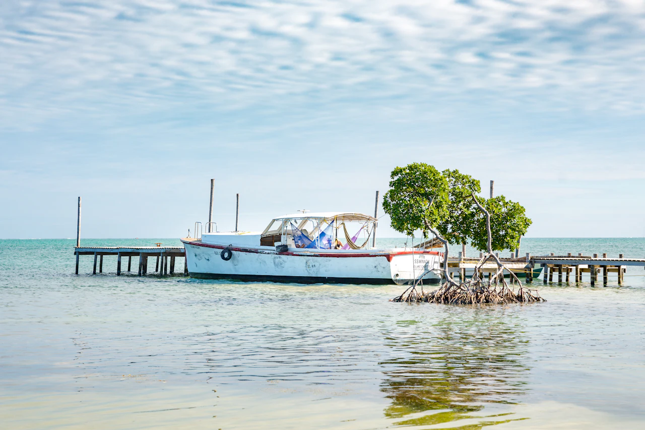 A white motor boat tied up at a long, low pier in calm, pale water, beside a small mangrove islet.