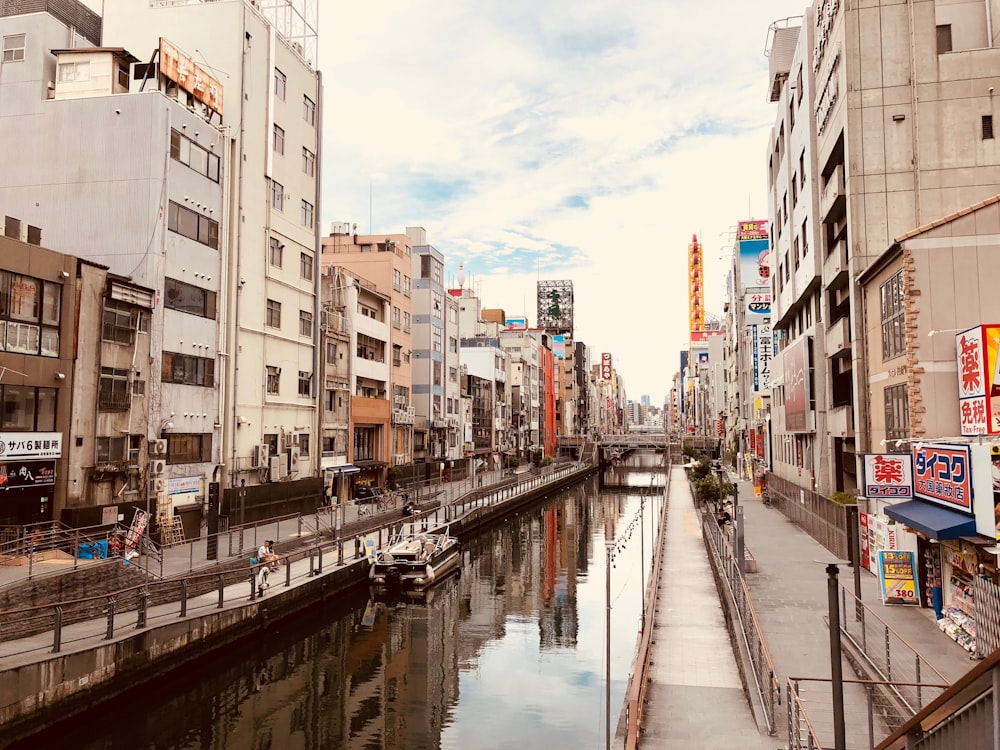 river between high-rise buildings