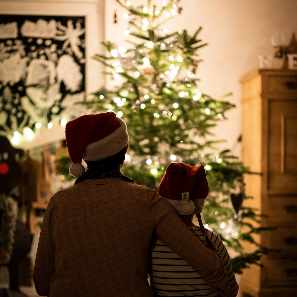 selective focus photography of girl an woman hugging each other in front of christmas tree