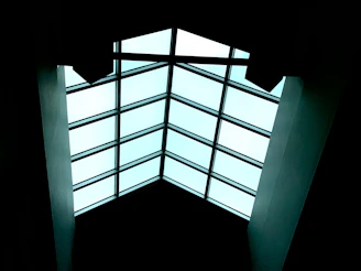 A sleek skylight replacement glowing softly with natural light filtering through, framed by dark roofing.