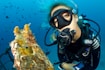 woman underwater near fishes
