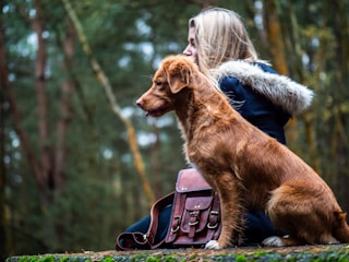 woman sitting beside tan dog on forest