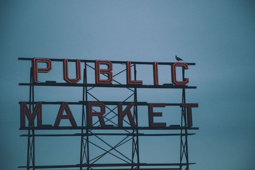 Red neon letters spell out 'PUBLIC MARKET' against a cloudy blue sky. A bird, possibly a seagull, is perched on the structure.