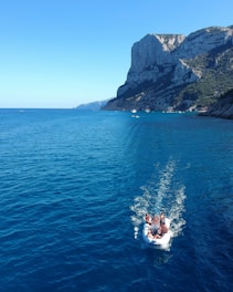 A boat cruising near a group of whales in clear blue ocean waters.