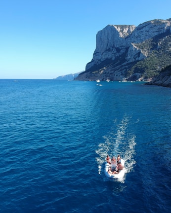A group of people enjoying a boat ride on the sparkling sea under a clear blue sky.