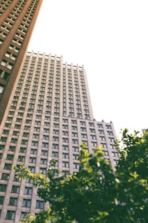 Two high-rise buildings stretch upward against a bright sky, with a few trees in the foreground adding a touch of greenery. The architecture exhibits a modern style with numerous windows lining the facades.