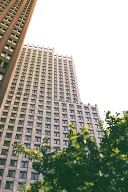 Two high-rise buildings stretch upward against a bright sky, with a few trees in the foreground adding a touch of greenery. The architecture exhibits a modern style with numerous windows lining the facades.