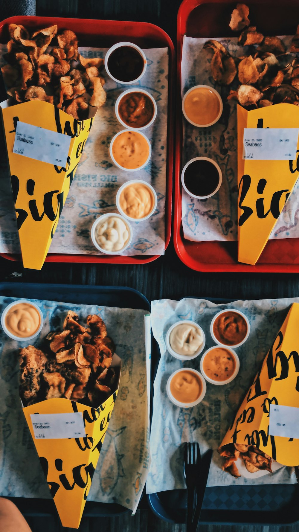 several bubble waffles with assorted dips on trays