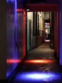 A gritty alley drenched in heavy blacks and deep reds, with neon signs flickering.