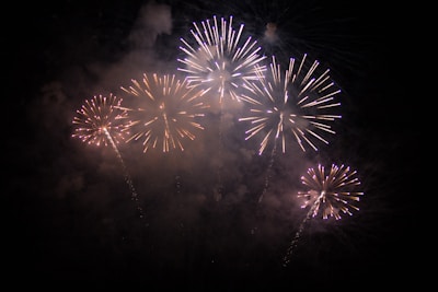Bright fireworks burst in the night sky, creating colorful patterns with their sparkling displays. The pyrotechnics light up the darkness with vibrant streaks and explosive shapes.