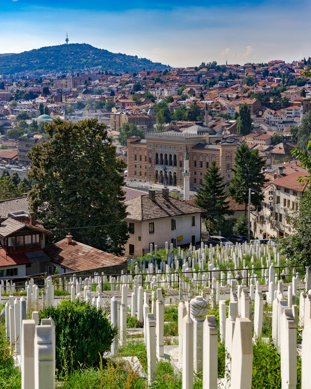 aerial view of tombstones and buildings during daytime