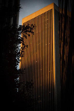 Elegant high-rise building facade illuminated with warm golden lights at dusk