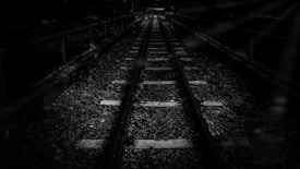 A dark, monochrome image of railway tracks extending into the distance, surrounded by an overgrown, shadowy environment. The dim lighting creates a mysterious, almost haunting atmosphere, with strong contrasts between the light and shadow on the tracks and stones.