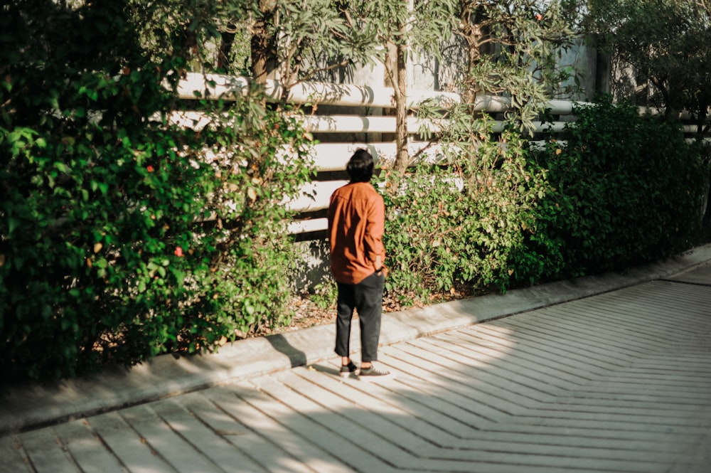 person standing beside wall with vines