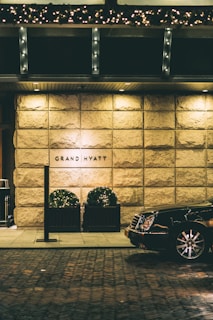 A luxurious entrance of the Grand Hyatt featuring a well-lit stone wall with a prominent logo. Two potted plants with decorative lighting are placed in front. A polished black luxury car is partially visible on the right, parked on a cobblestone road.