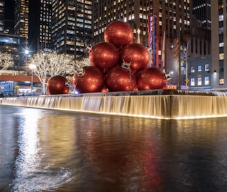 red Christmas baubles water fountain