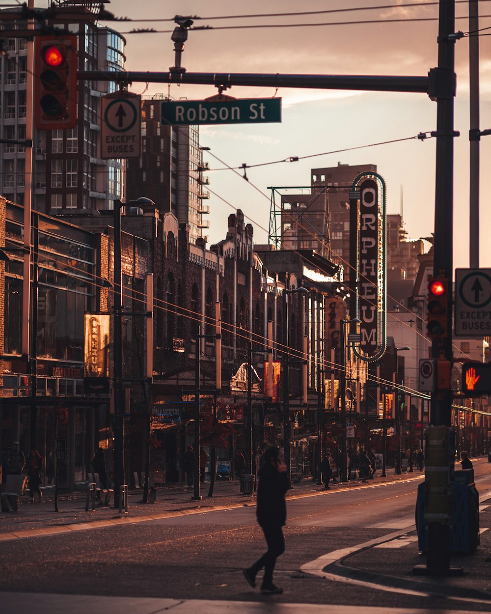 person walking on street under Robson St. signage