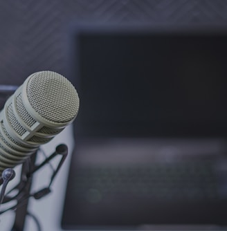 gray condenser microphone near laptop