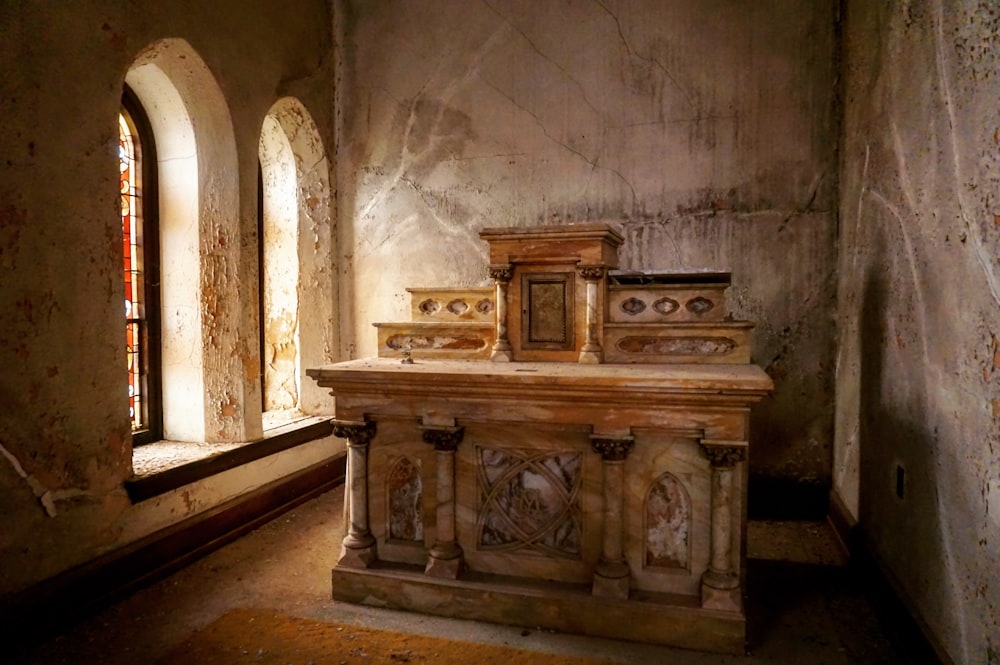 brown marble altar in room