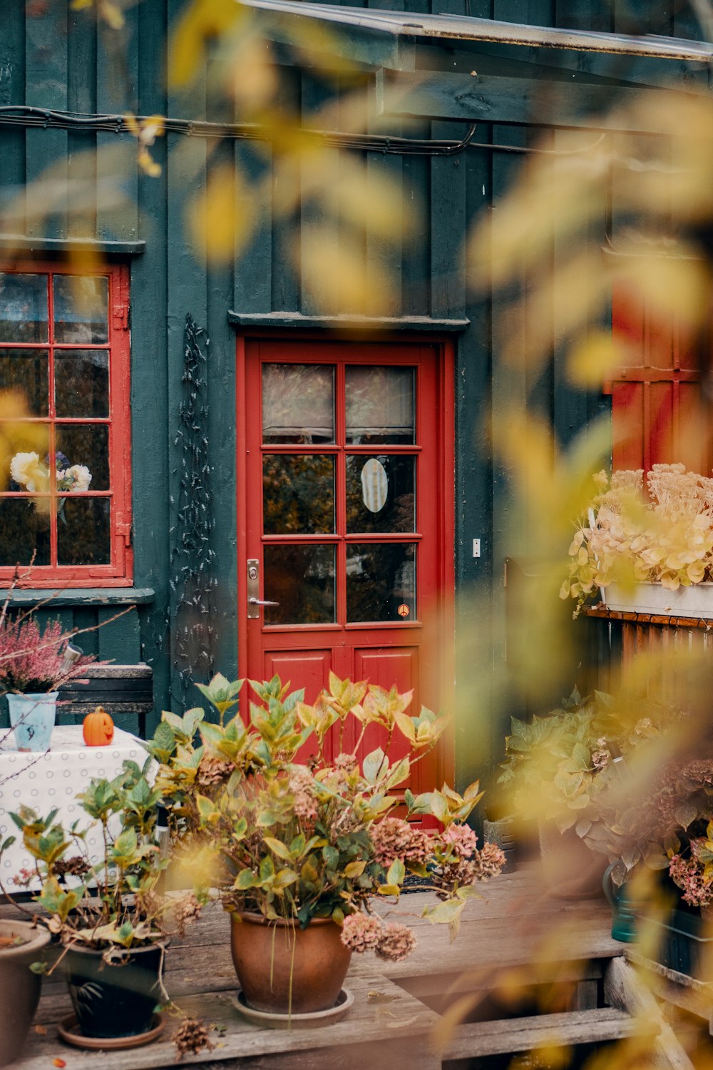 closed orange wooden panel door