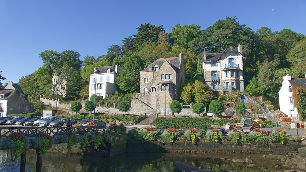 several brown and white stone house along the lake