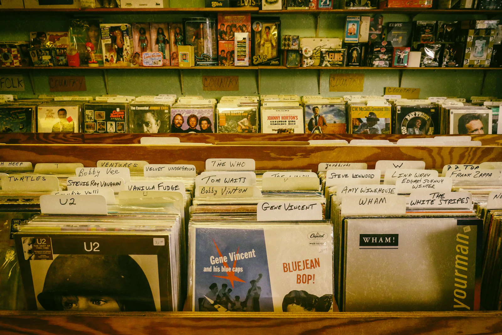 Vinyl records filed in record store bins