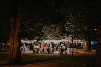 A nighttime outdoor gathering under illuminated tents, surrounded by large trees. People are seated and standing, engaging in conversations and enjoying the atmosphere.