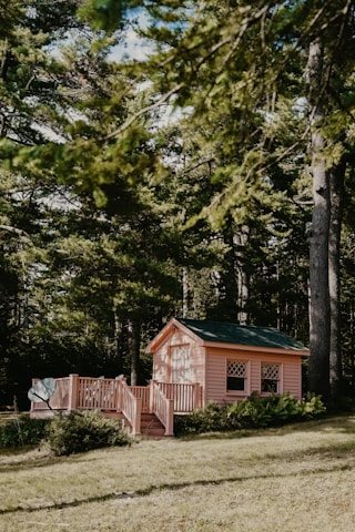 pink painted house in woods