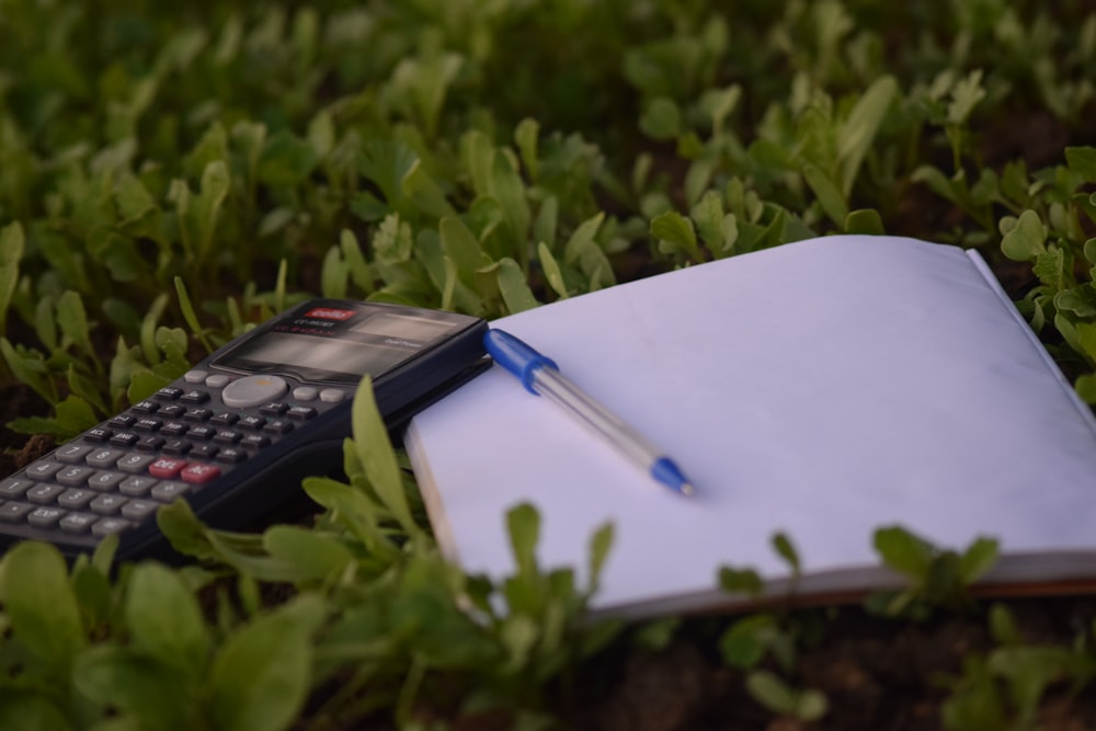 caneta esferográfica azul no papel ao lado da calculadora