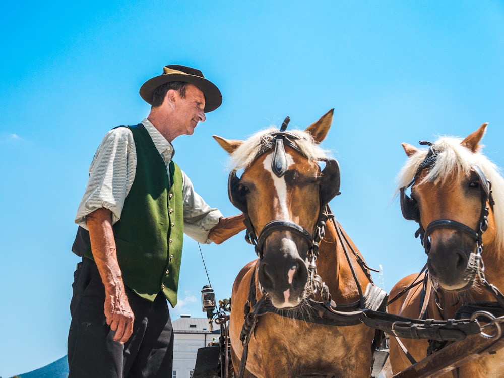 man touching horse with carriage during daytime