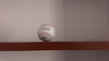 A baseball is placed on a wooden shelf against a plain wall. The baseball features red stitching and has printed labels indicating it is an official league ball.