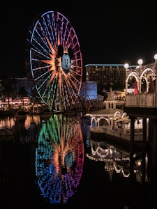 A large Ferris wheel with a prominent cartoon mouse face at its center is illuminated with colorful lights, reflecting beautifully on the water below. The scene is set at night, adding a magical atmosphere. In the background, brightly lit structures and a hotel can be seen.