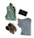 A neatly arranged display of clothing and accessories, including a folded green jacket, a pair of brown ankle boots, a black clutch, and a striped black and white shirt.