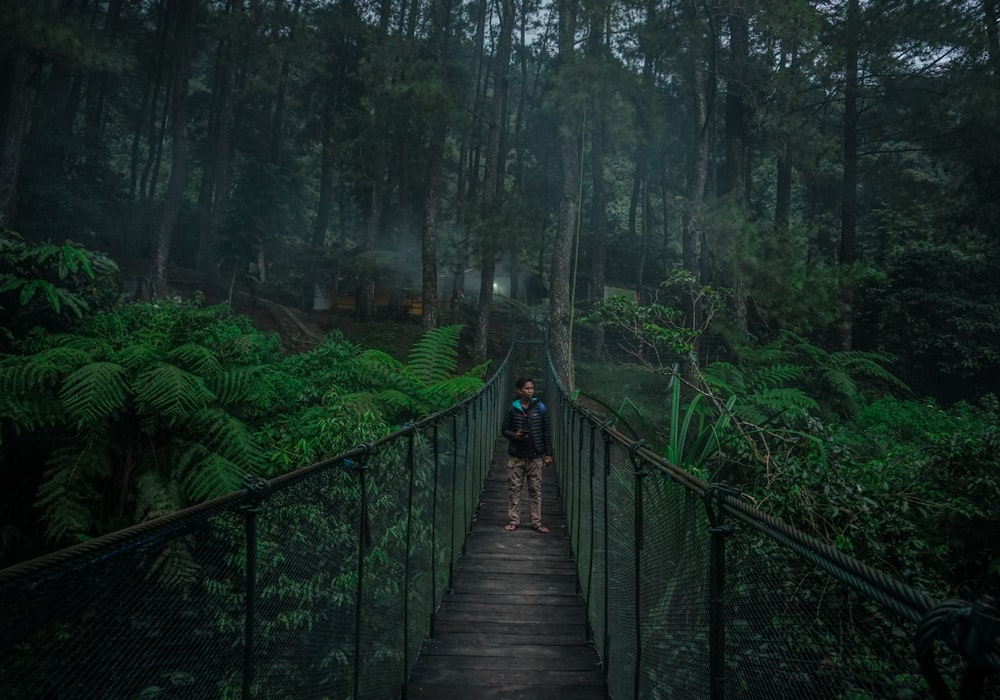 person standing on hanging bridge surrounded by trees