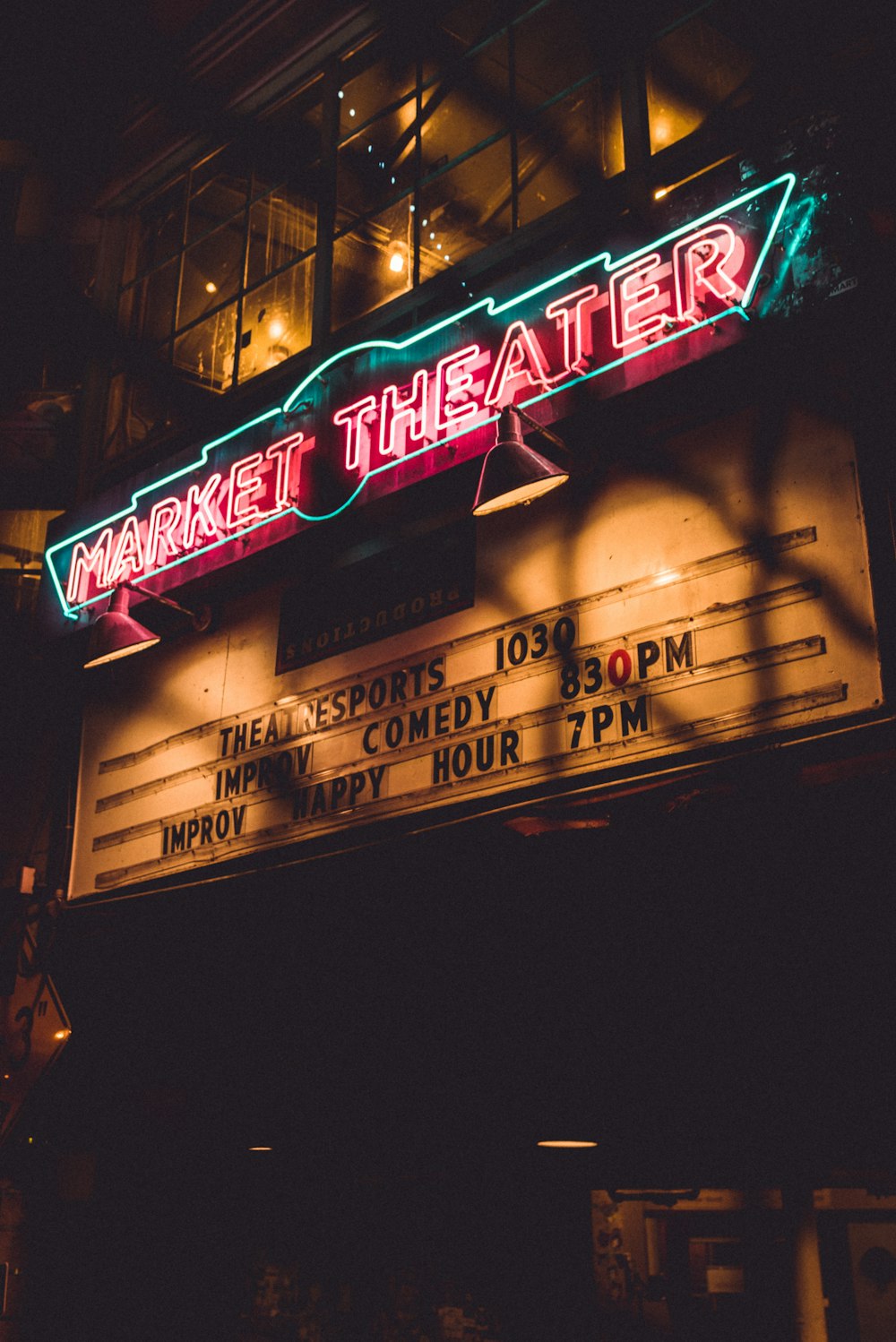 Market Theater LED signage at nighttime