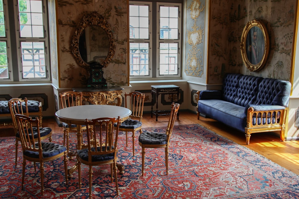 round brown wooden dining set inside house