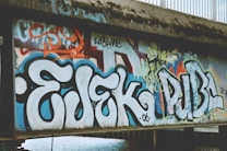 Graffiti art with large, bold letters covers a concrete wall. The foreground features prominent, stylized letters in white outlined with black and blue. The background includes layers of overlapping tags and images in bright colors like red and yellow, showcasing a variety of artistic styles.