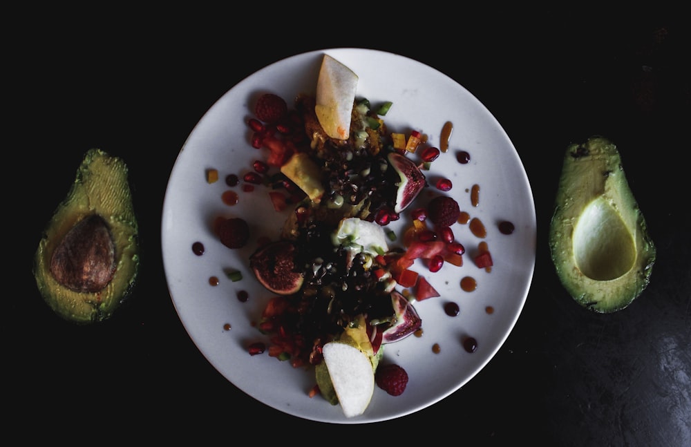 flat lay photography of plate with food