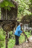 An elderly person stands near a structure made from woven twigs and branches. The individual is wearing a blue shirt and dark pants, holding onto a stick. The surrounding environment is lush with greenery and trees.