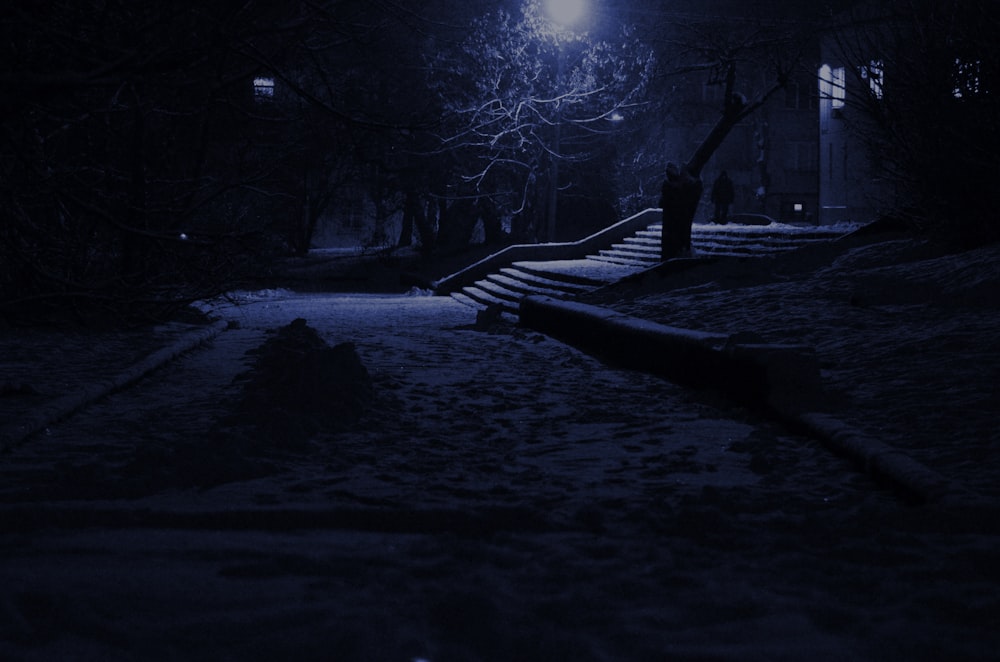 snowy road at night