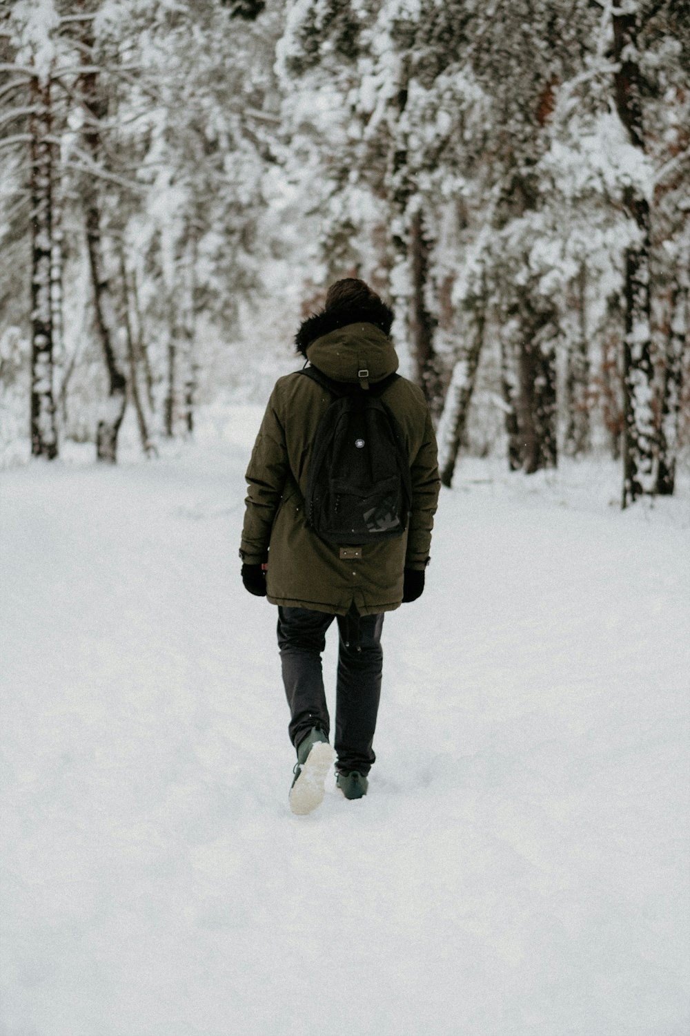 Persona che cammina lungo il campo innevato