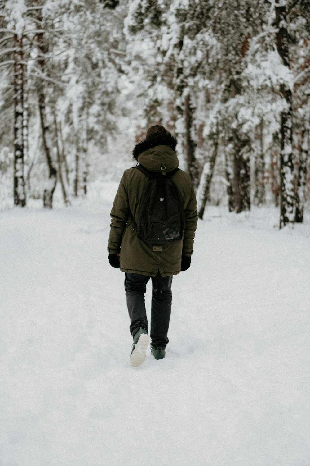 person walking along snow-covered field