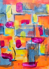 An abstract painting with bold, vibrant brush strokes featuring geometric shapes and patterns. Bright pink, orange, and yellow hues contrast against cool blues and greys. Black lines accentuate the composition, adding dynamic movement.