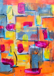 An abstract painting featuring bold colors and patterns inspired by African textiles.