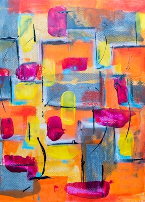 An abstract painting with bold, vibrant brush strokes featuring geometric shapes and patterns. Bright pink, orange, and yellow hues contrast against cool blues and greys. Black lines accentuate the composition, adding dynamic movement.